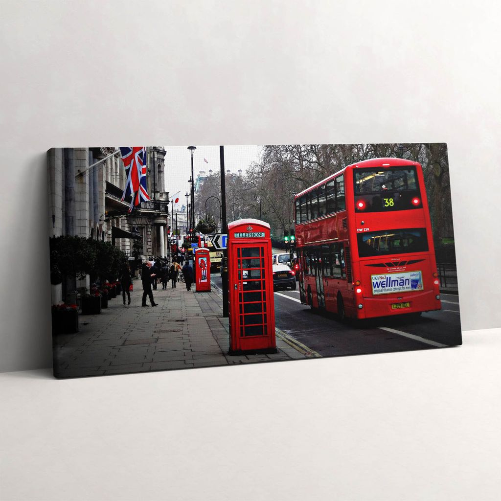 Englischer Bus und Telefonzelle – Leinwandbild Wandbild – 100x50 cm – Leinwandbilder – Wandbilder – Schlafzimmer – Flur