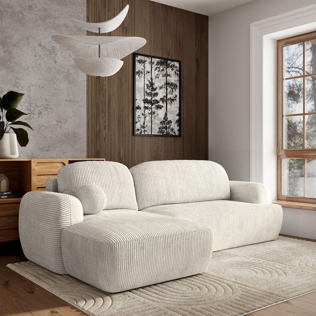 Masseno Ecksofa MODENZA P L-S mit Schlaffunktion L-Form, Sofa mit Bettkasten, Wohnzimmersofa, Couch, Soffa, Bettsofa, Couchgarnitur- Creme, POSO 100