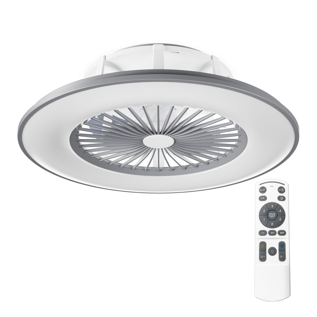 A flush mount ceiling fan with an integrated LED light and a remote control.