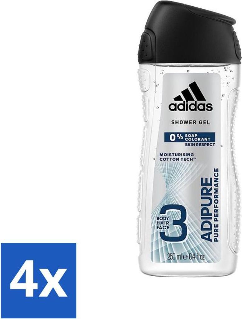 Adidas - 3-in-1 Duschgel - Adipure Pure Performance - Hautfreundlich - 0% Seifenfarbstoff - 250 ml - Vorteilspack - 4 Stücke