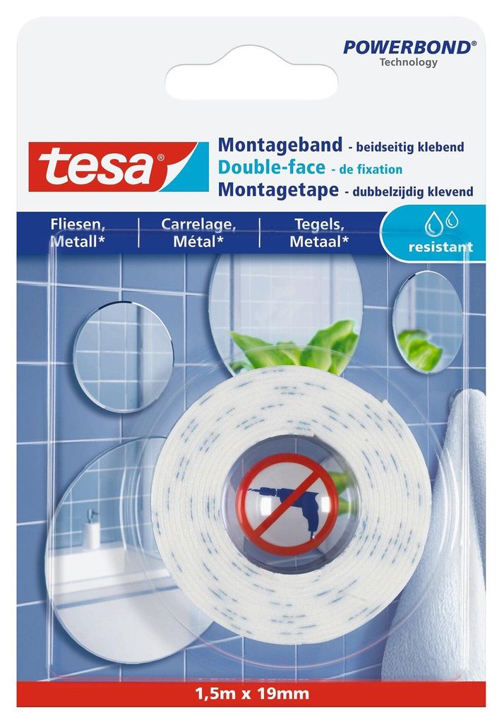 tesa Montageband Fliesen, feuchtraumbeständig 5 m x 19 mm Produktbild 