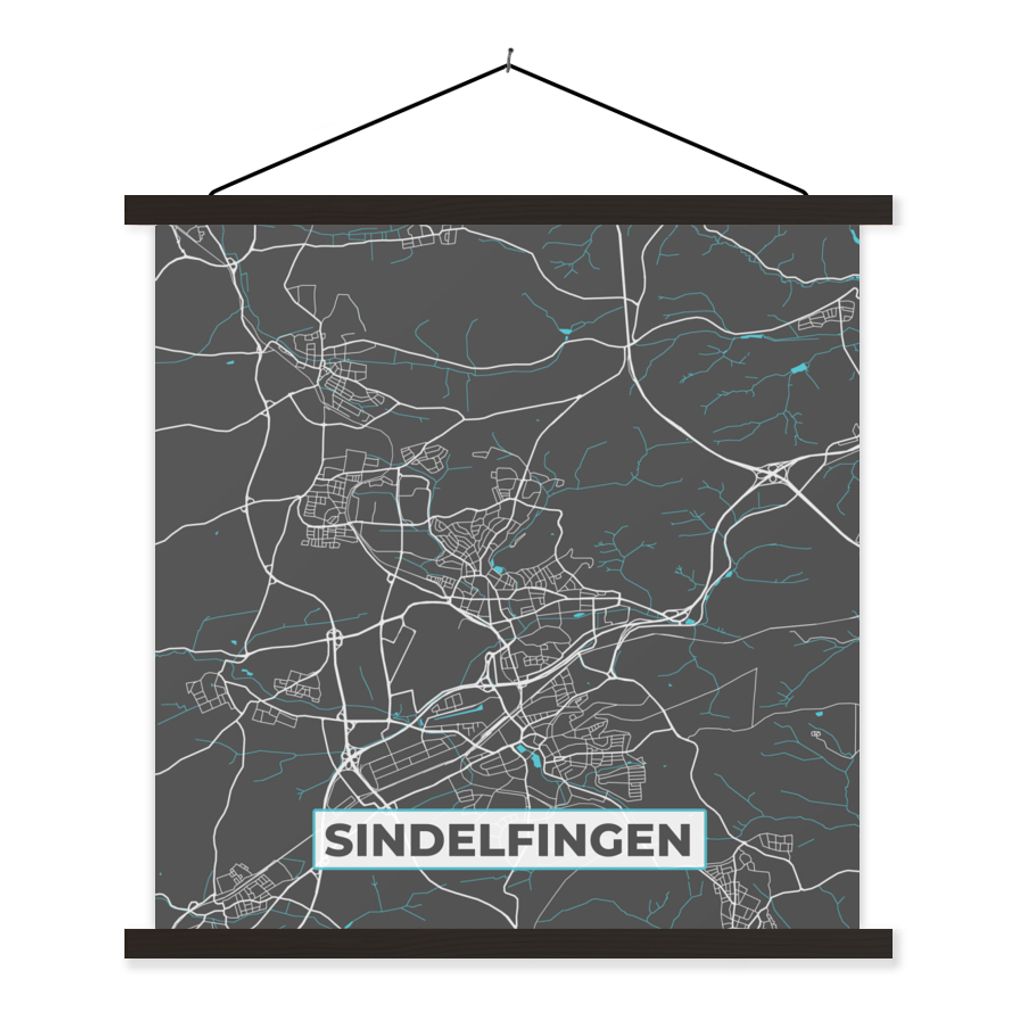 MuchoWow Textilposter Karte - Sindelfingen - Blau - Stadtplan - Deutschland 120x120 cm mit schwarzem Rahmen - Aufhängungsset