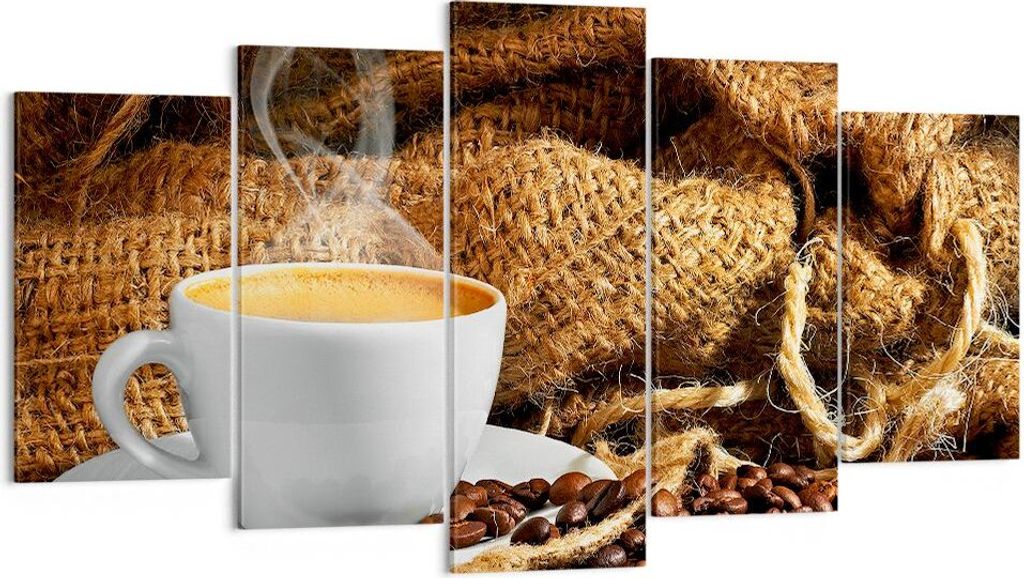 Bild auf Leinwand - Leinwandbild - Cappuccino Tasse Körner Beutel - 160x85cm - Wand Bild - Wanddeko - Leinwanddruck - Bilder - Kunstdruck - Wandde...