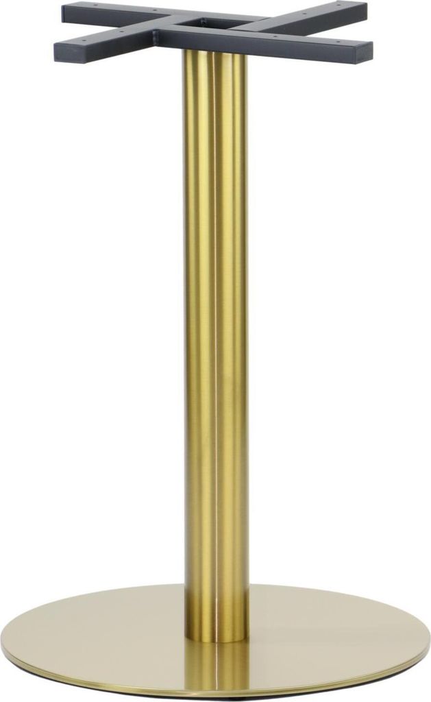 A standalone table base with a circular gold base and a gold cylindrical column topped with a black cross-shaped support.