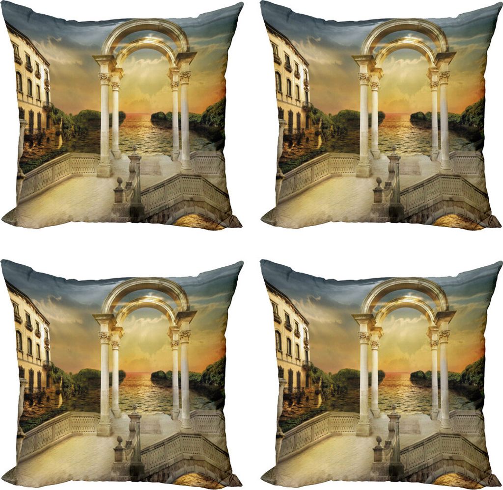 ABAKUHAUS Fantasie Kissenbezug Set (4 Stück), Surreal Brücke Gateway, Moderner Doppelseitiger Digitaldruck, 45 cm x 45 cm, Weiß Blassgelb Grün