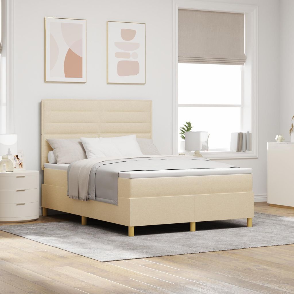 Eleganten-Stil LED Polsterbett Boxspringbett mit Matratze Creme 140x190 cm Stoff - Bettrahmen - Klassische Betten DE76482