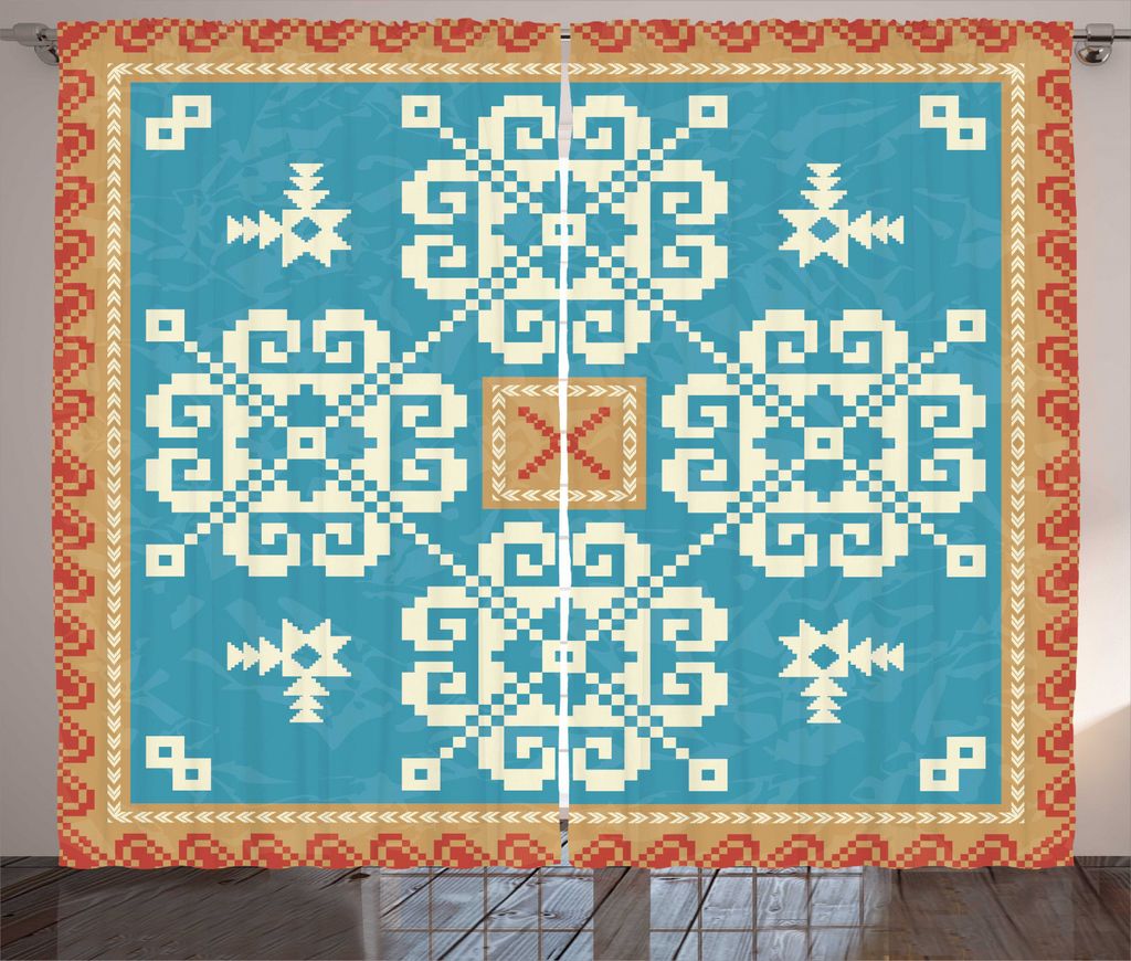 ABAKUHAUS Volk Rustikaler Gardine, Nordic-Art-Quadrat Ornament, Schlafzimmer Kräuselband Vorhang mit Schlaufen und Haken, 280 x 245 cm, Sea Blue S...