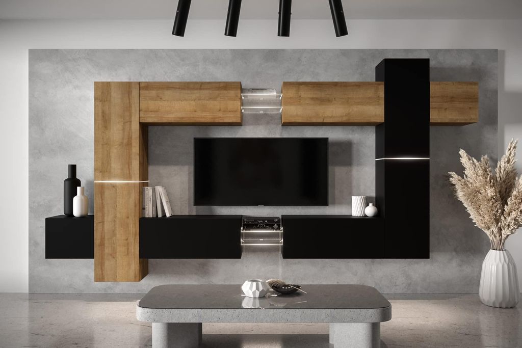 Furnitech Wohnwand Wohnzimmer - Wohnzimmer Möbel mit LED Blau - Hängend Wohnwand Modern - Wohnzimmer Schrankwand mit Regale und TV Schrank (AN91N...