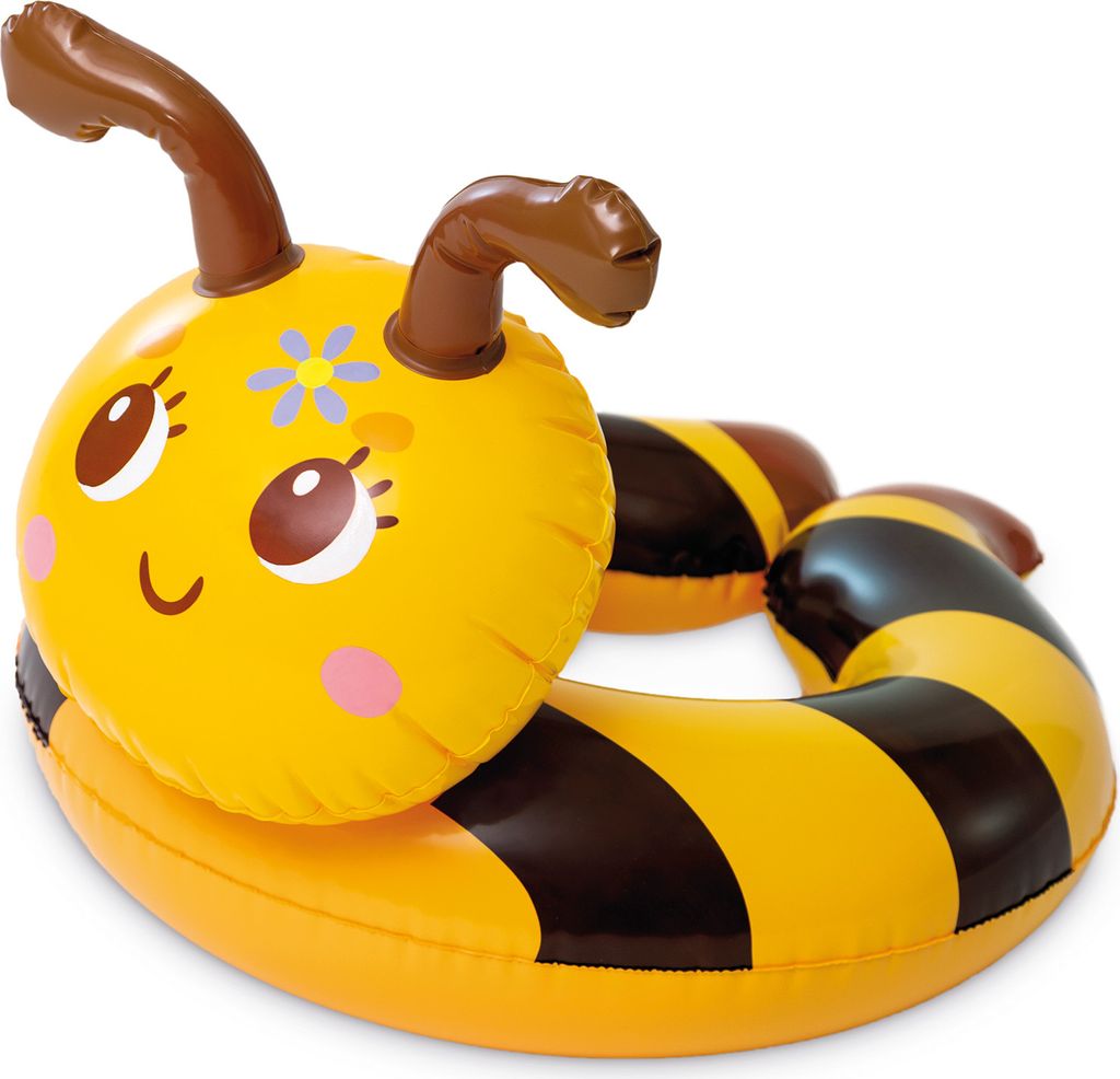 An inflatable bee-shaped swimming ring.