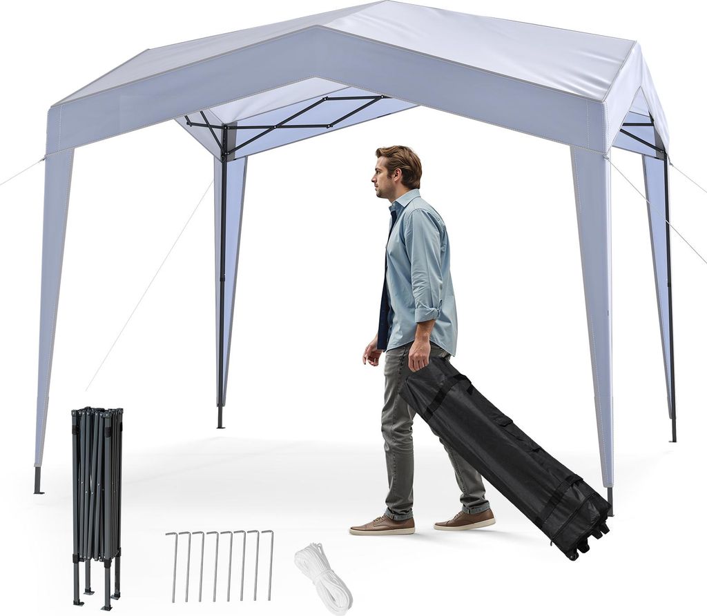 GOPLUS Pop-up Pavillon 3 x 3 m, Faltpavillon mit 4 Seitenwänden, Faltbarer Gartenpavillon mit 8 Heringe & Portable Rolltasche, Weiß