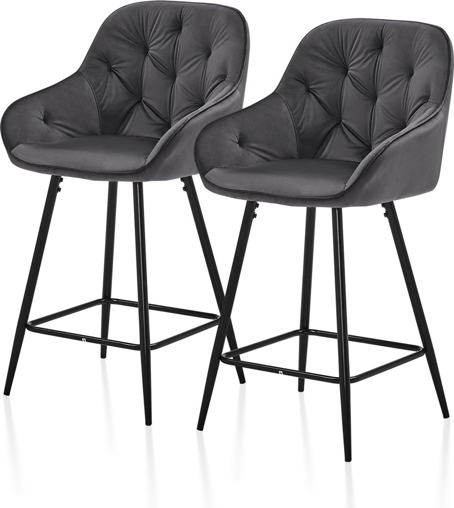 Two gray bar stools with black legs are shown against a white background.