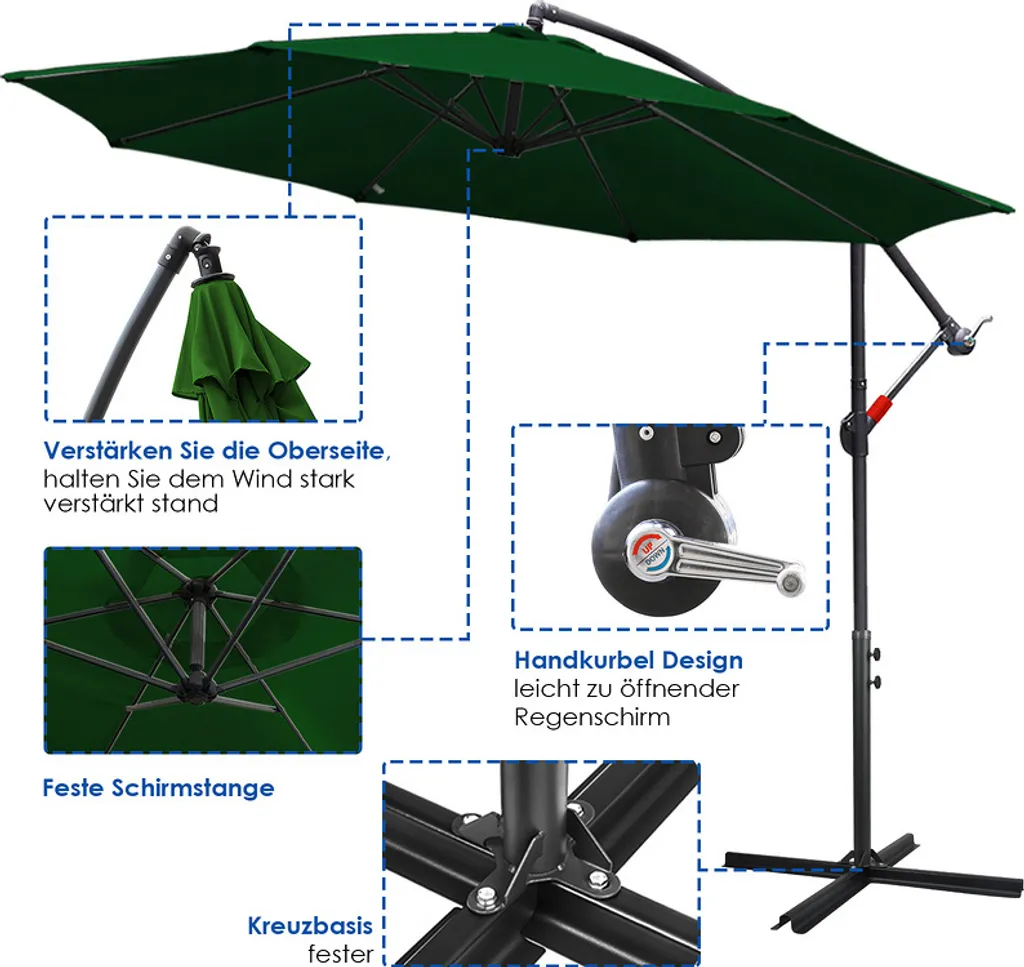 Offerta Ombrellone Fiqops Verde LED 350cm: Alluminio e Manovella - 5
