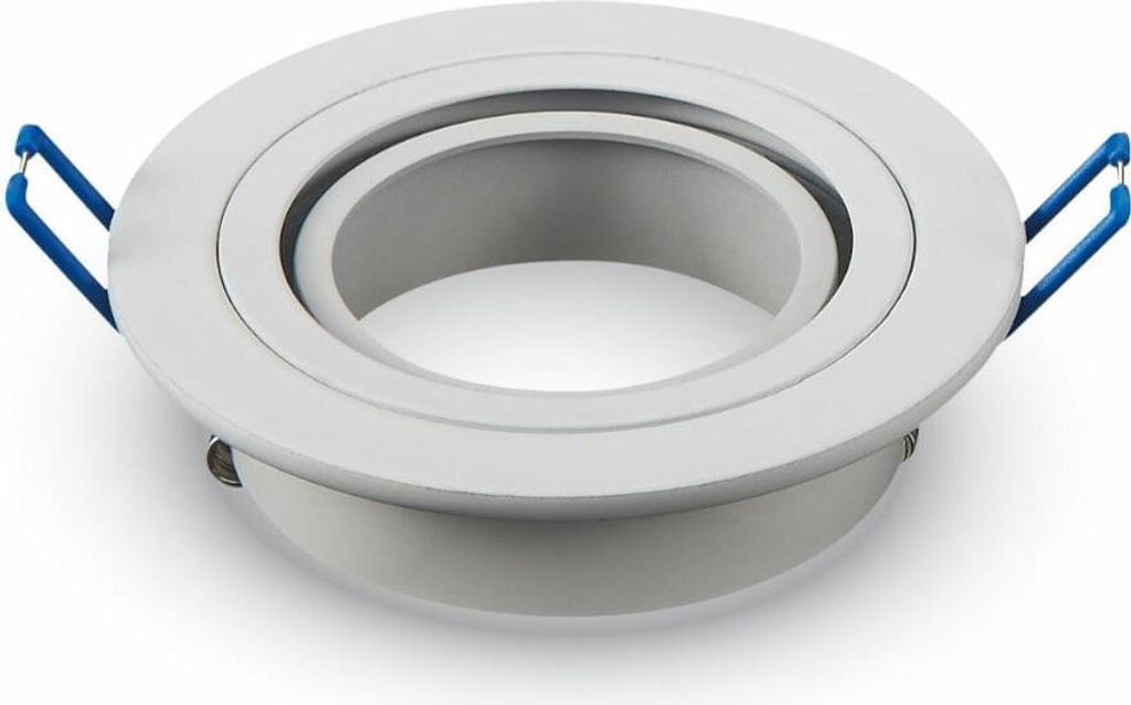 A white recessed light fixture with blue spring clips, shown from a diagonal angle against a white background.
