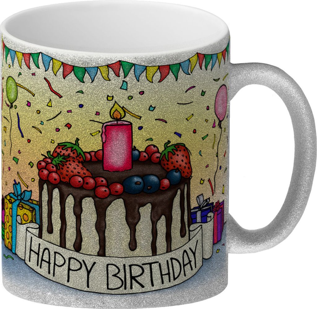 Happy Birthday Glitzer-Glitzer-Kaffeebecher mit Geburtstagstorte Motiv