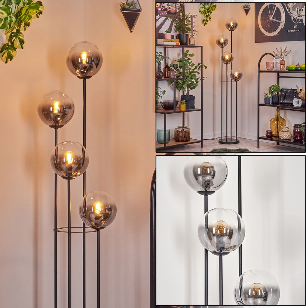 Fossobiubo Stehlampe aus Metall/Glas in Schwarz/Rauchfarben/Klar mit Fußschalter