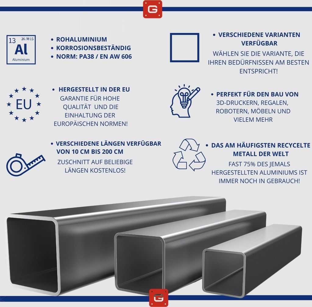 Aluminium Vierkantrohr AW-6060 – 40x40x2 Mm, Länge 1300 Mm, Auf Maß Zugeschnitten, Für Heimwerken & Maschinenbau