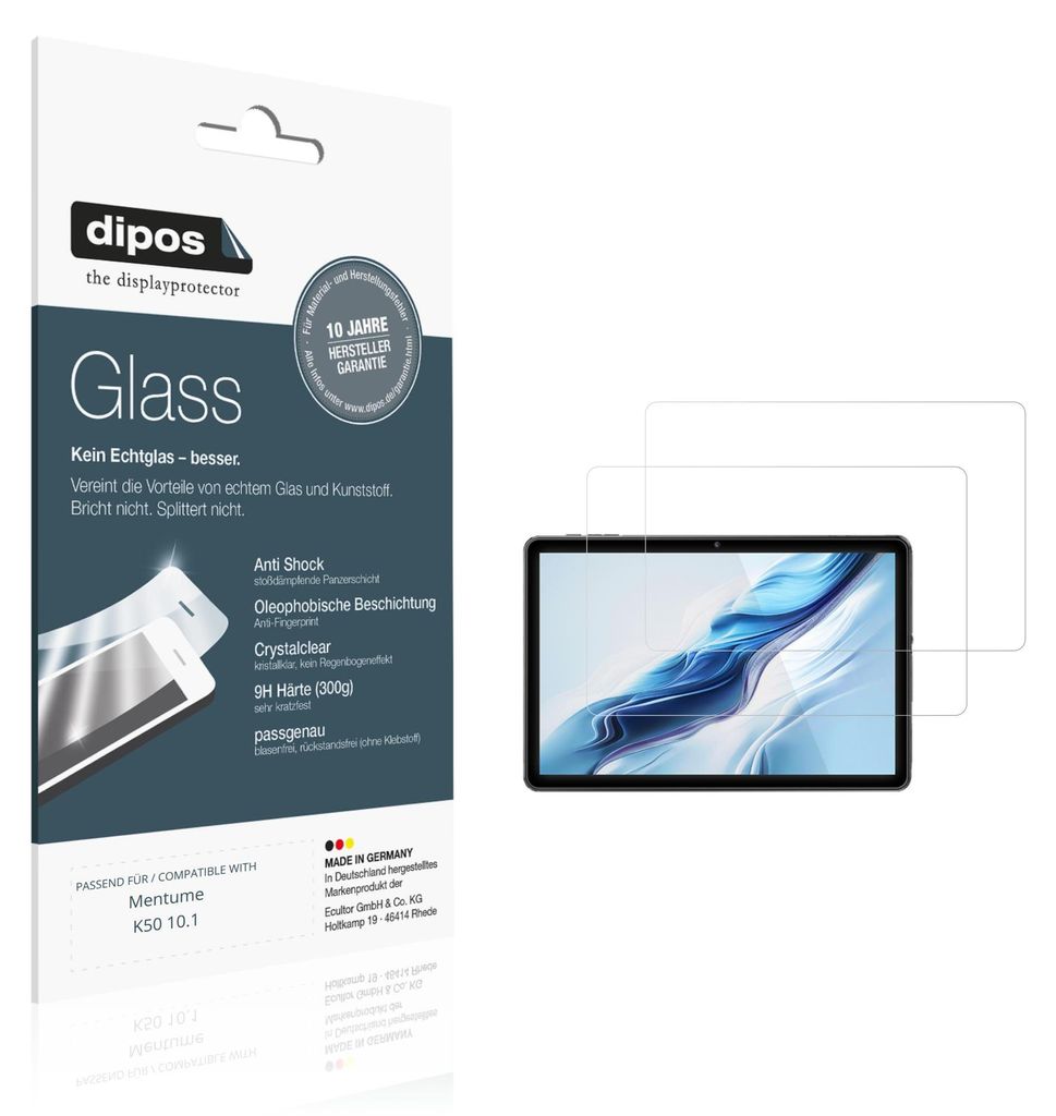 2x Schutzfolie für Mentume K50 10.1 - Anti-Shock 9H Folie dipos Glass Kunststoffglas