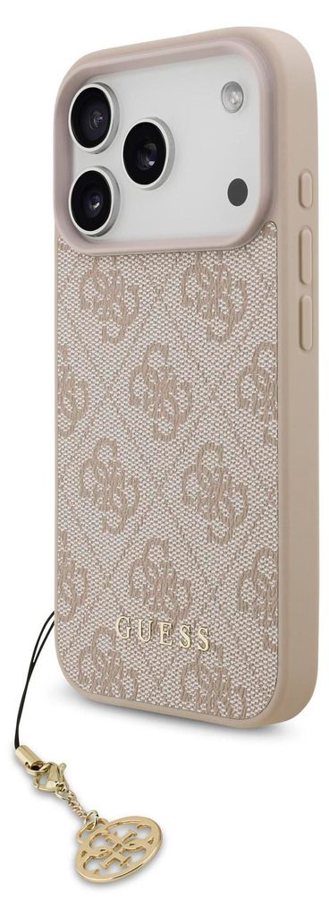 A close-up, angled view of a pink and beige Guess brand iPhone case with a gold charm attached to a lanyard.