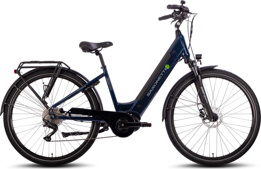 A studio shot of a blue electric bicycle against a white background.