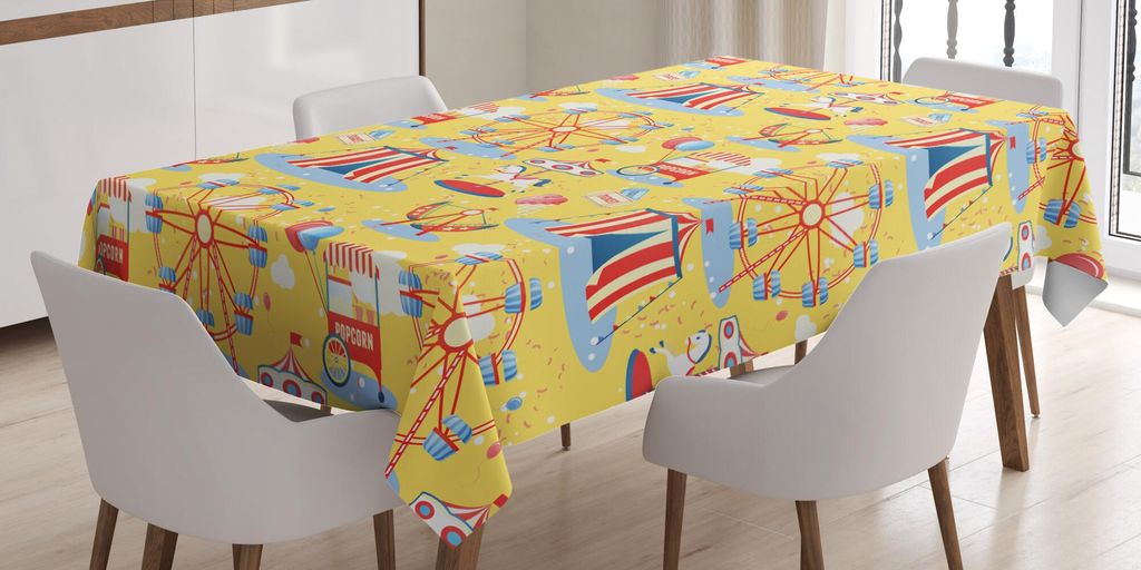 ABAKUHAUS Zirkus Tischdecke, Vergnügungspark Muster mit Riesenrad Popcorn-Eiscreme-Zelt, 140 x 240 cm, Senf Zinnoberrot