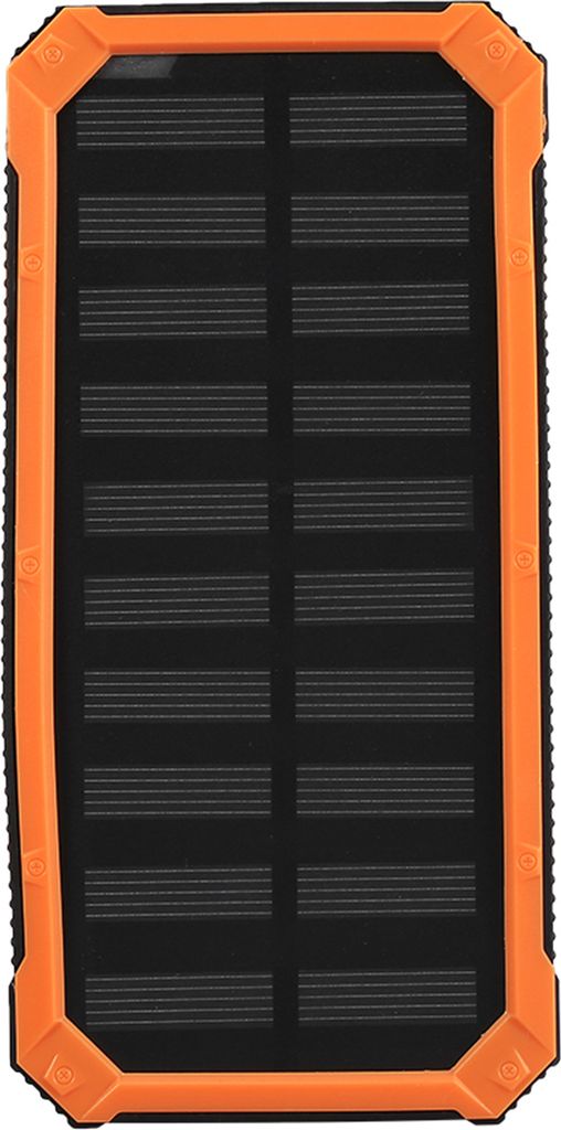A top-down view of an orange and black power bank casing.