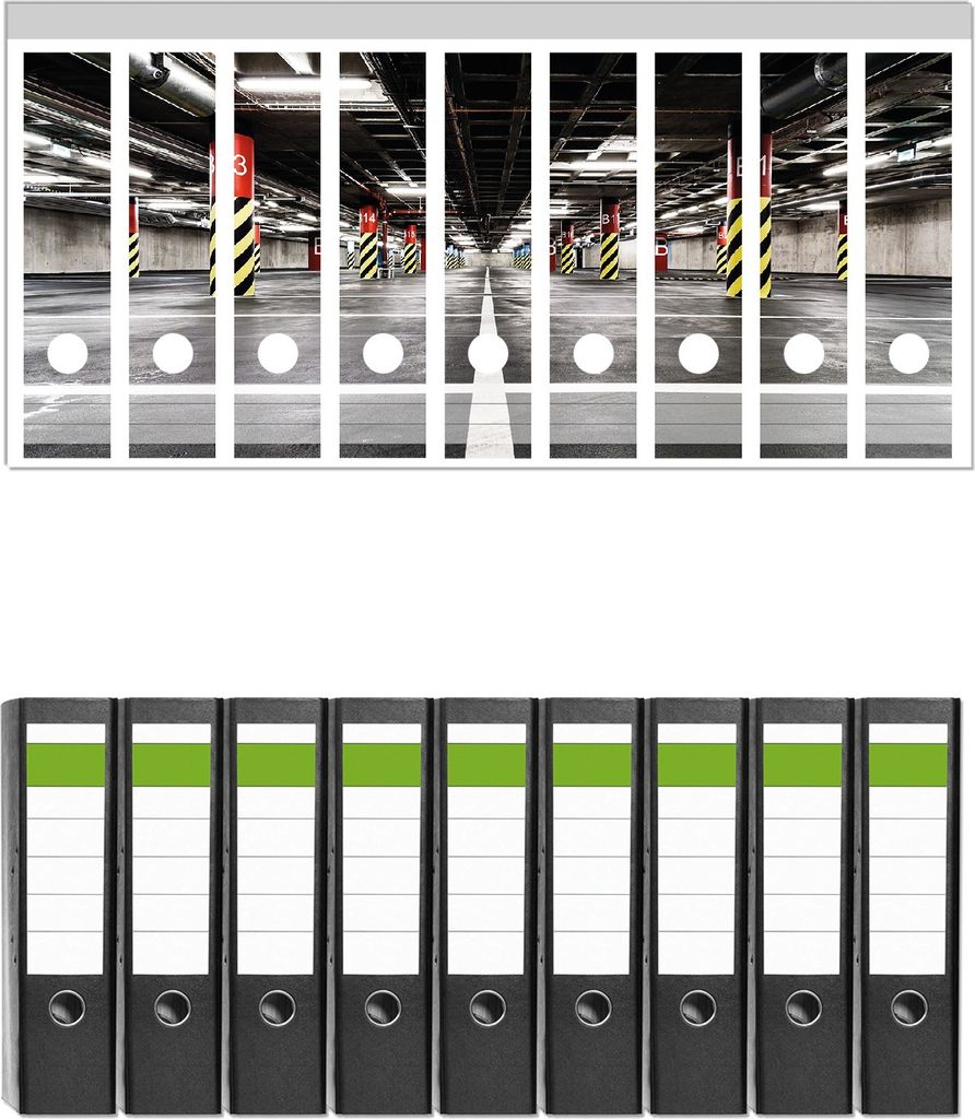 Wallario 9 Stück breite Ordner inkl. Klebeetiketten mit Motive Perspektive von unten leeres Parkhaus im Untergrund - Set mit Rückenschildern / O...