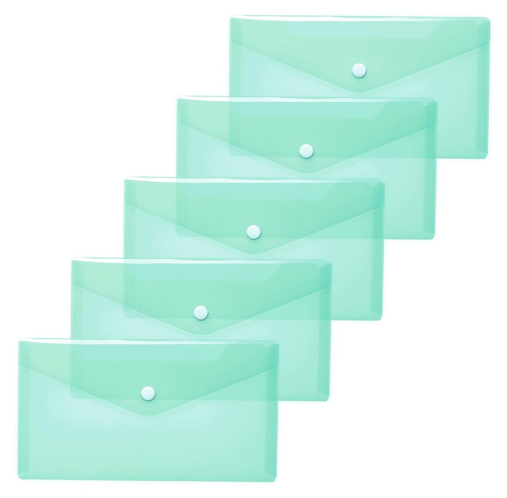 5 Dokumentenmappen, DIN-Format, transparent türkis, kleine transparente Taschen/Umschläge mit Druckknopfverschluss, Plastikhüllen für Schule, U...