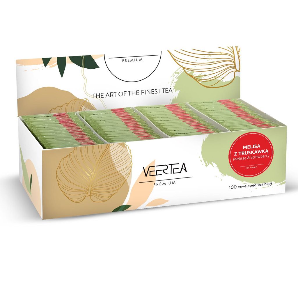 A box of Veertea premium tea bags, specifically Melisa & Strawberry flavor.