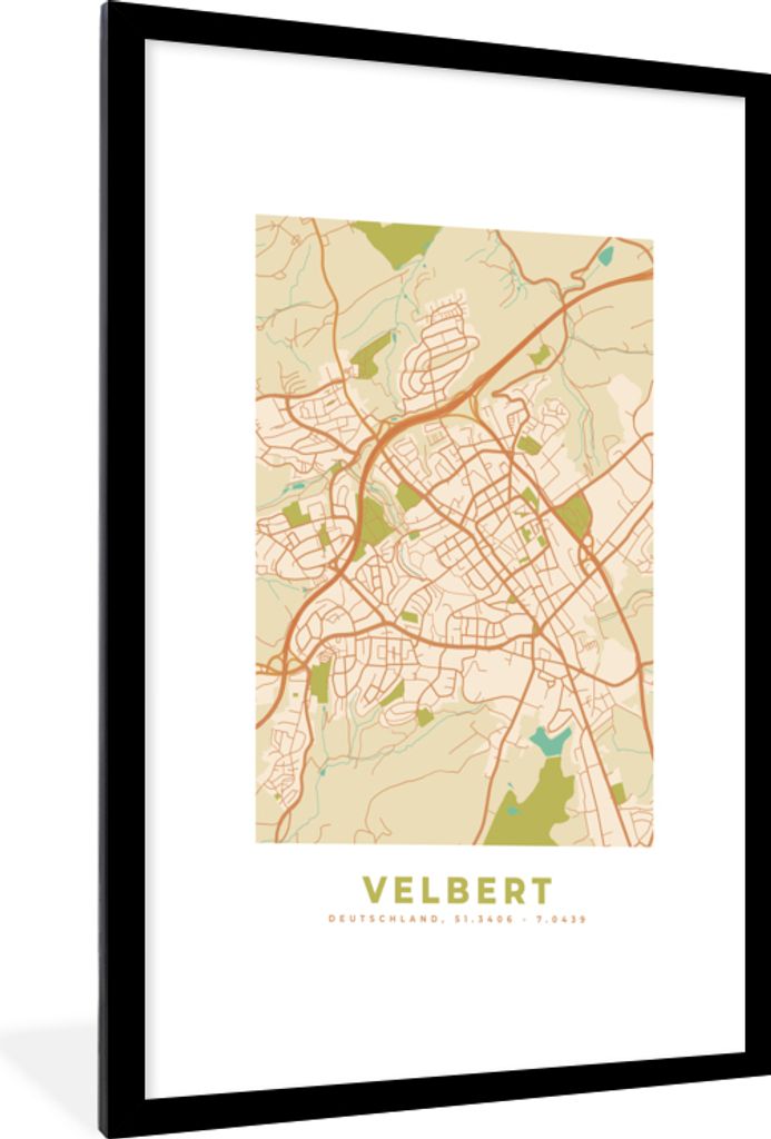 MuchoWow Gerahmtes Poster Velbert - Karte - Stadtplan - Vintage 60x90 cm - Poster mit Schwarzem Bilderrahmen Wandposter Rahmen Foto Bilder - Deko...
