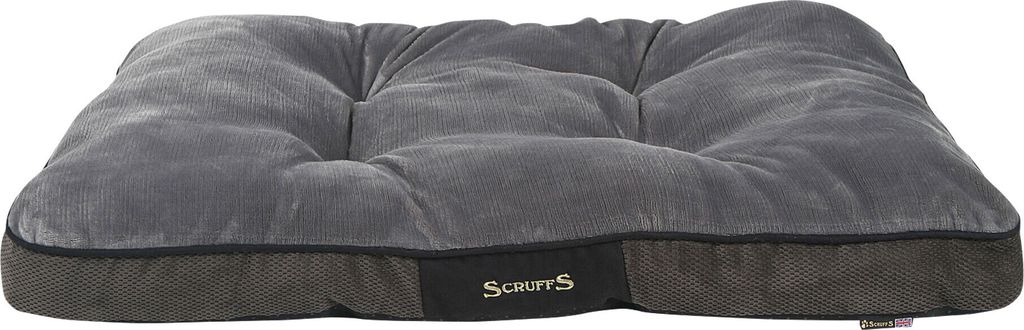 A gray dog bed with a dark gray base and a black label with the brand name.