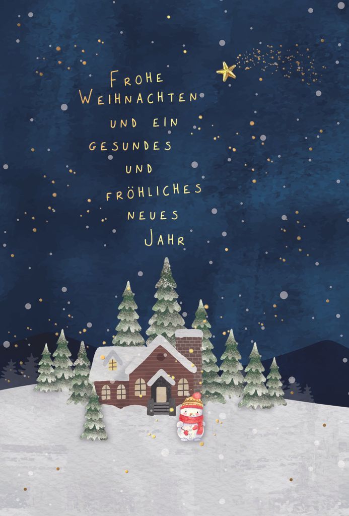 Weihnachten Handmade Weihnachtskarte mit Briefumschlag Haus Schneemann Tannenbäume Frohe Weihnachten