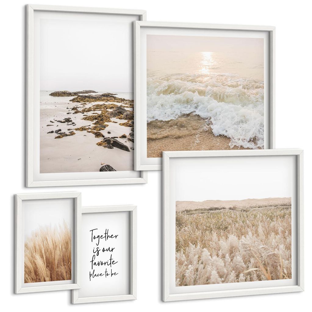 Bilder Set 5-teilig im Goldrahmen Rahmen – Wandbilder 5 Stück – gerahmte Poster für Wohnzimmer, Schlafzimmer und Flur – 50x50 cm - 40x60 cm...