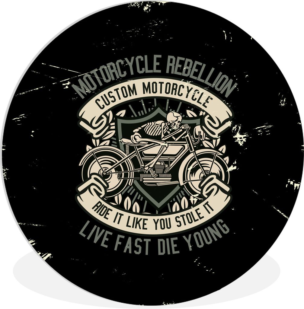 MuchoWow Rundes Wandbild - Runde Bilder Motorrad - Skelett - Retro Ø 90 cm Kreis Wanddekoration Kunststoff - Wandkreis - Wandschmuck - Wand-Krei...