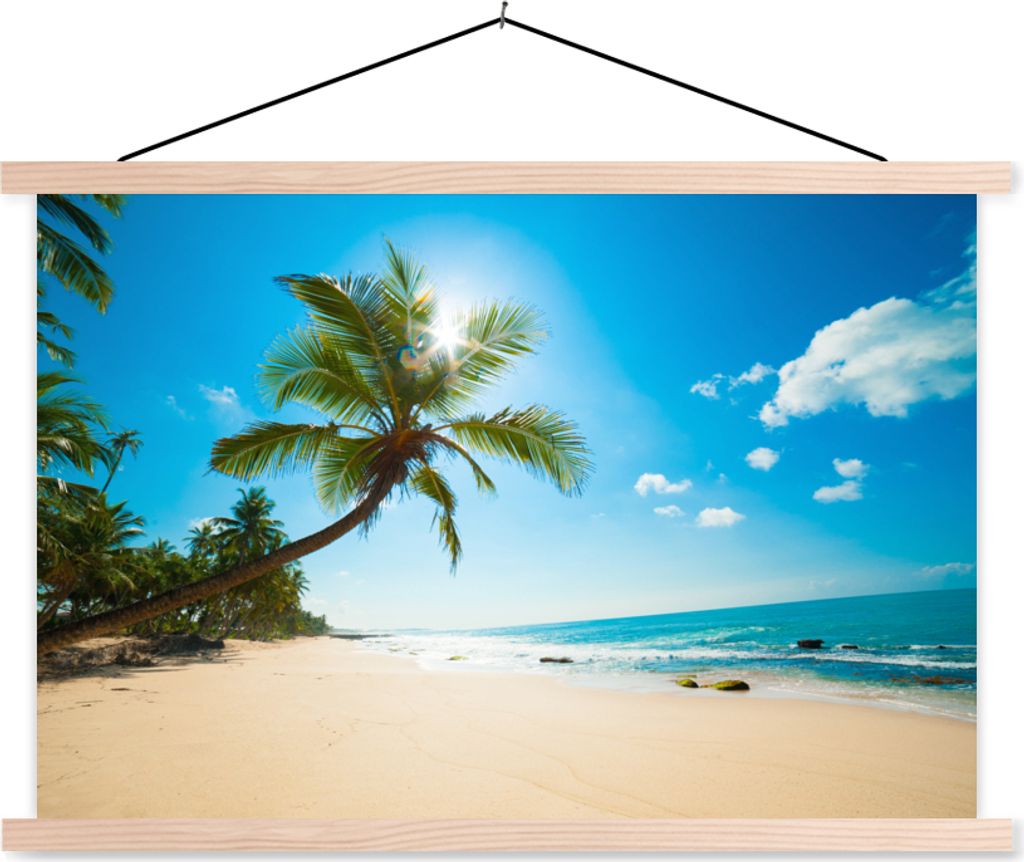 MuchoWow Textilposter Strand - Meer - Sonne - Palme 150x100 cm mit holzfarbenen Rahmen - Posters