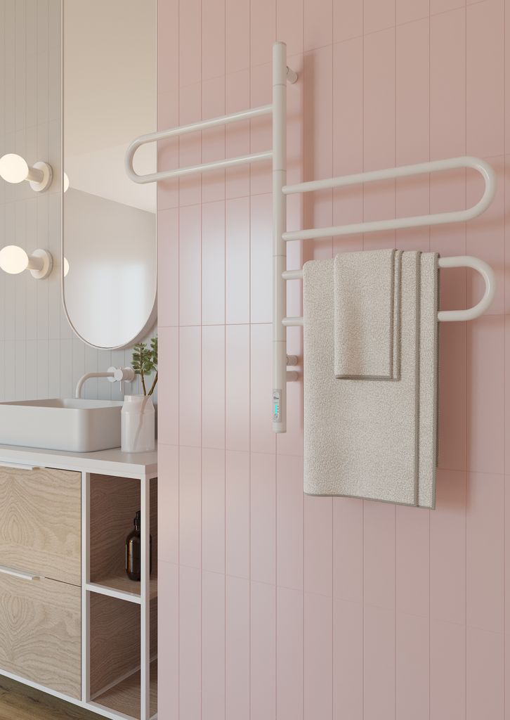 ELNA Handtuchtrockner aus niedriglegiertem Stahl, elektrischer Badheizkörper, 180° drehbar, mit 3 klappbaren Armen, weiß, RAL 9003, 90W 84x46cm