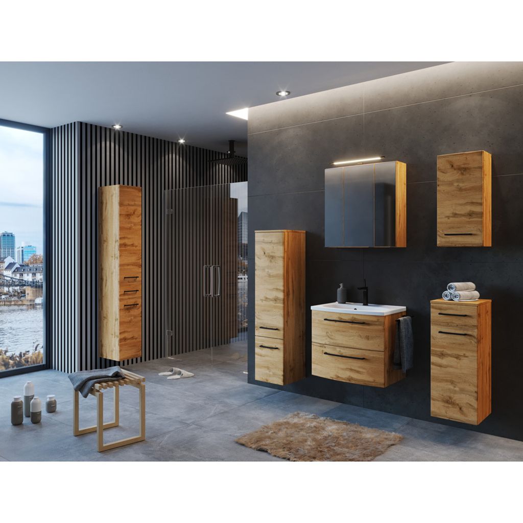 Badezimmer Möbel Set 60 cm Waschtisch MORISSON-03 in Wotan Eiche Nb. inkl. Waschbecken, B/H/T: ca. 240/200/45 cm