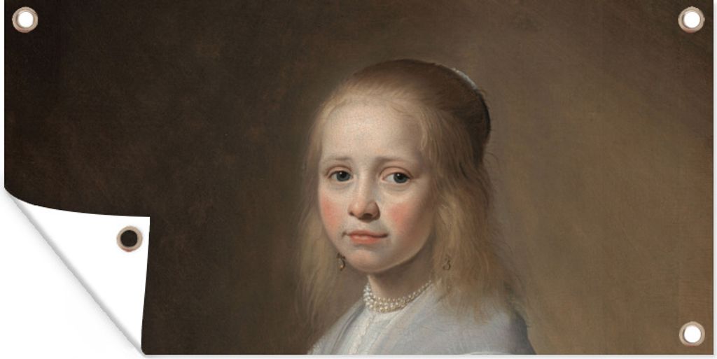 MuchoWow 80x40 cm Outdoor-Poster Gartendeko Sichtschutz Garten Poster für den Garten Porträt eines Mädchens in Blau - Gemälde von Johannes C...