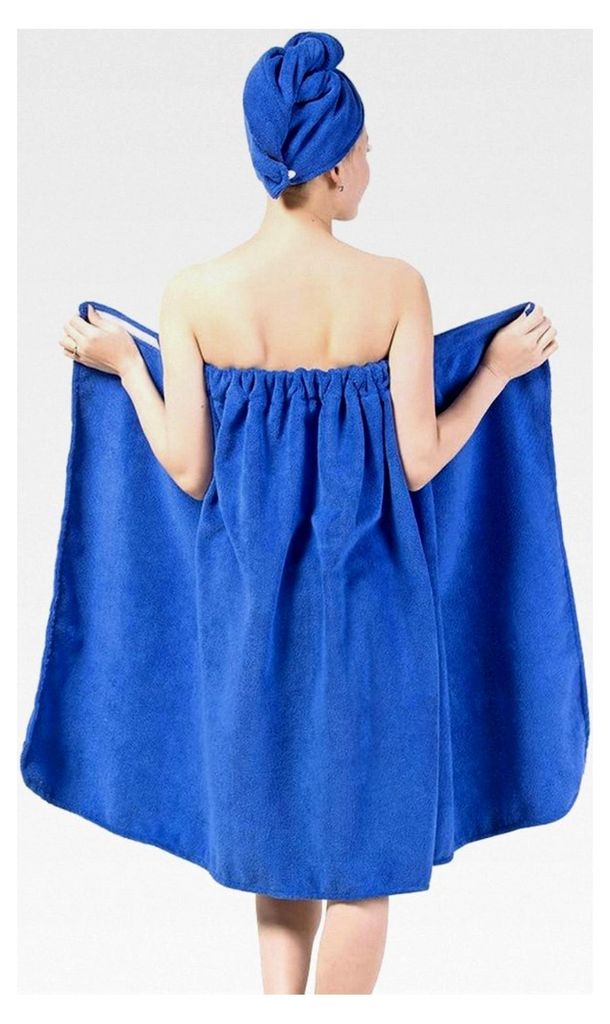 Damen Saunakilt Handtuch, Spa Bademantel Set mit Haartrockentuch, Verstellbarer Saunasarong aus Mikrofaser in Blau