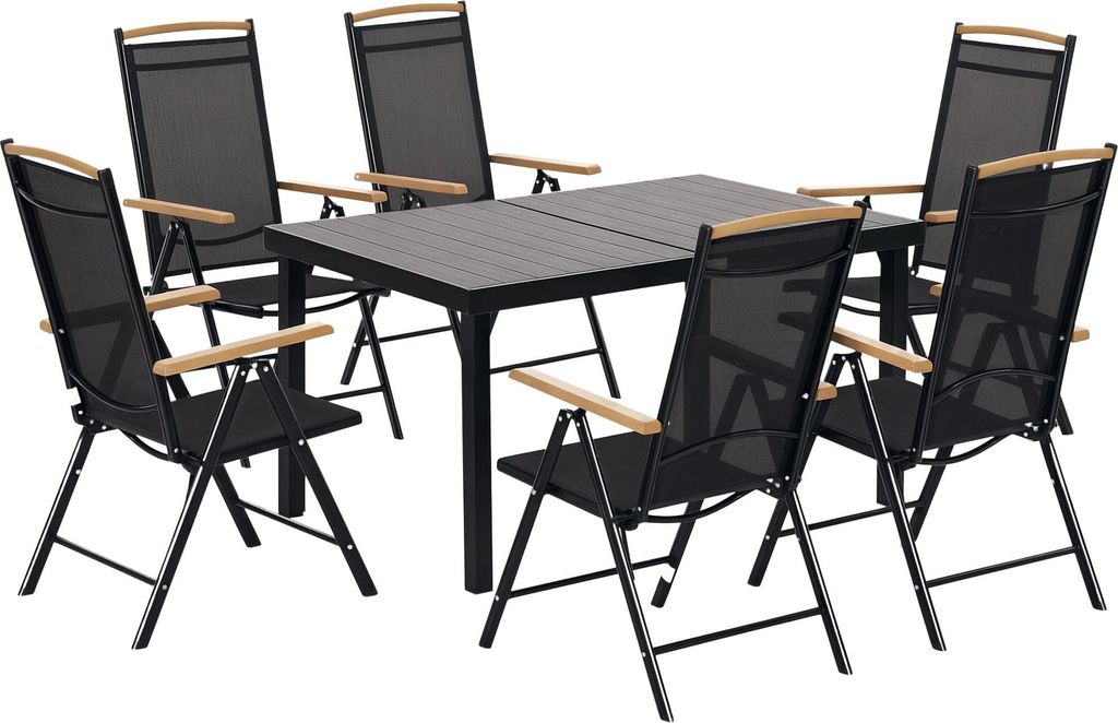 Sitzgruppe klappbar für 6 Personen 1 Tisch+6 Stühle Gartenmöbel Set Sitzgarnitur Aluminium Mesh Schwarz