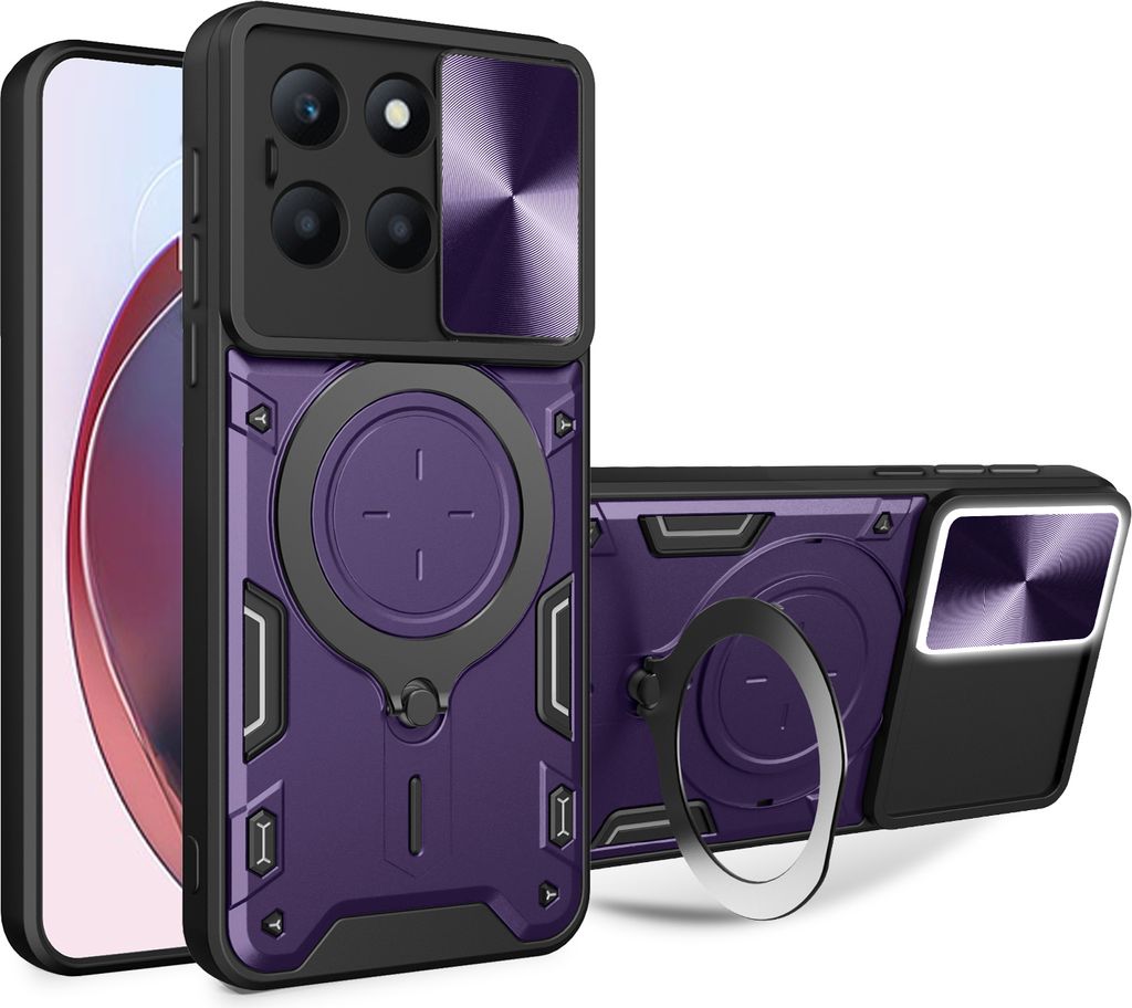 Handyhülle für Honor X6a Dual-Layer Stoßfest Rüstung Hülle mit Dia Kameraschutz und Kreisförmig Ring Ständer Lila