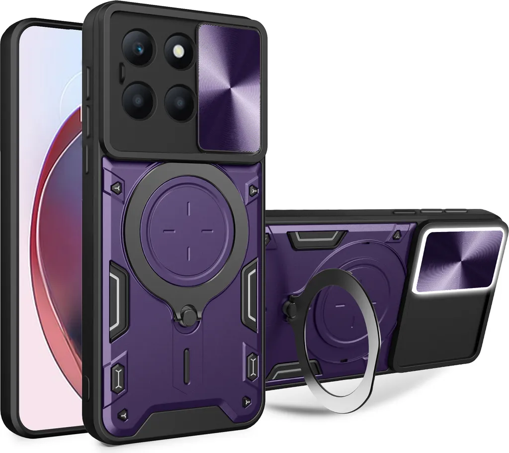 Custodia per Honor X6a Custodia resistente a doppio strato con copertura della fotocamera e supporto circolare ad anello Viola