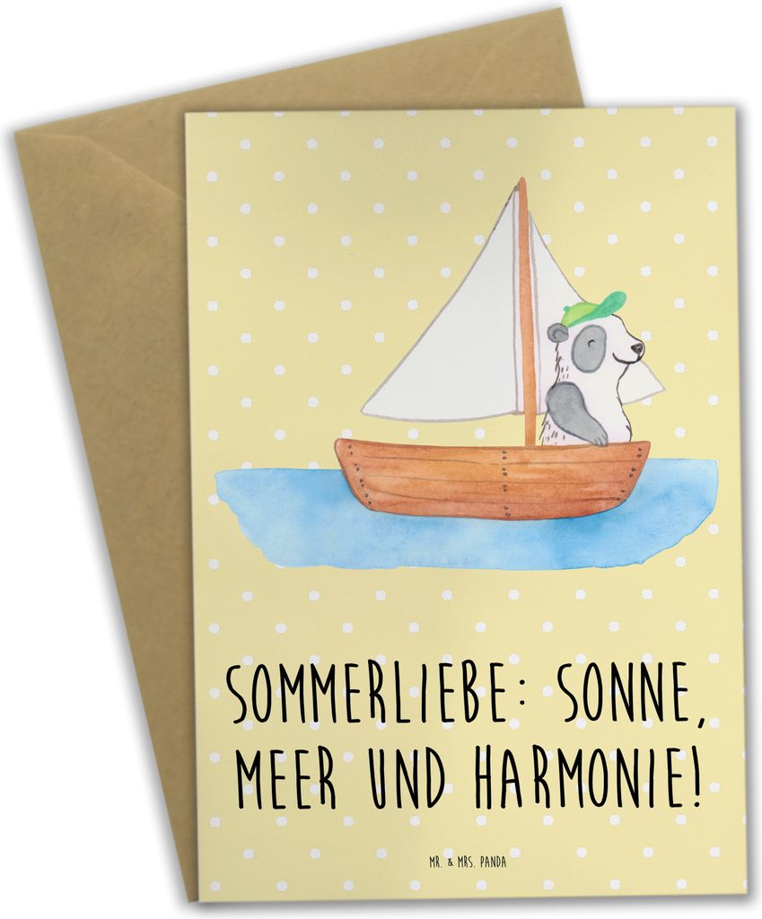 Mr. & Mrs. Panda Grußkarte Sommerliebe - Gelb Pastell - Geschenk, Sommerferien, Emotionen, Sommerprodukte, Summer Feelings, Strand, hochzeitskarte...