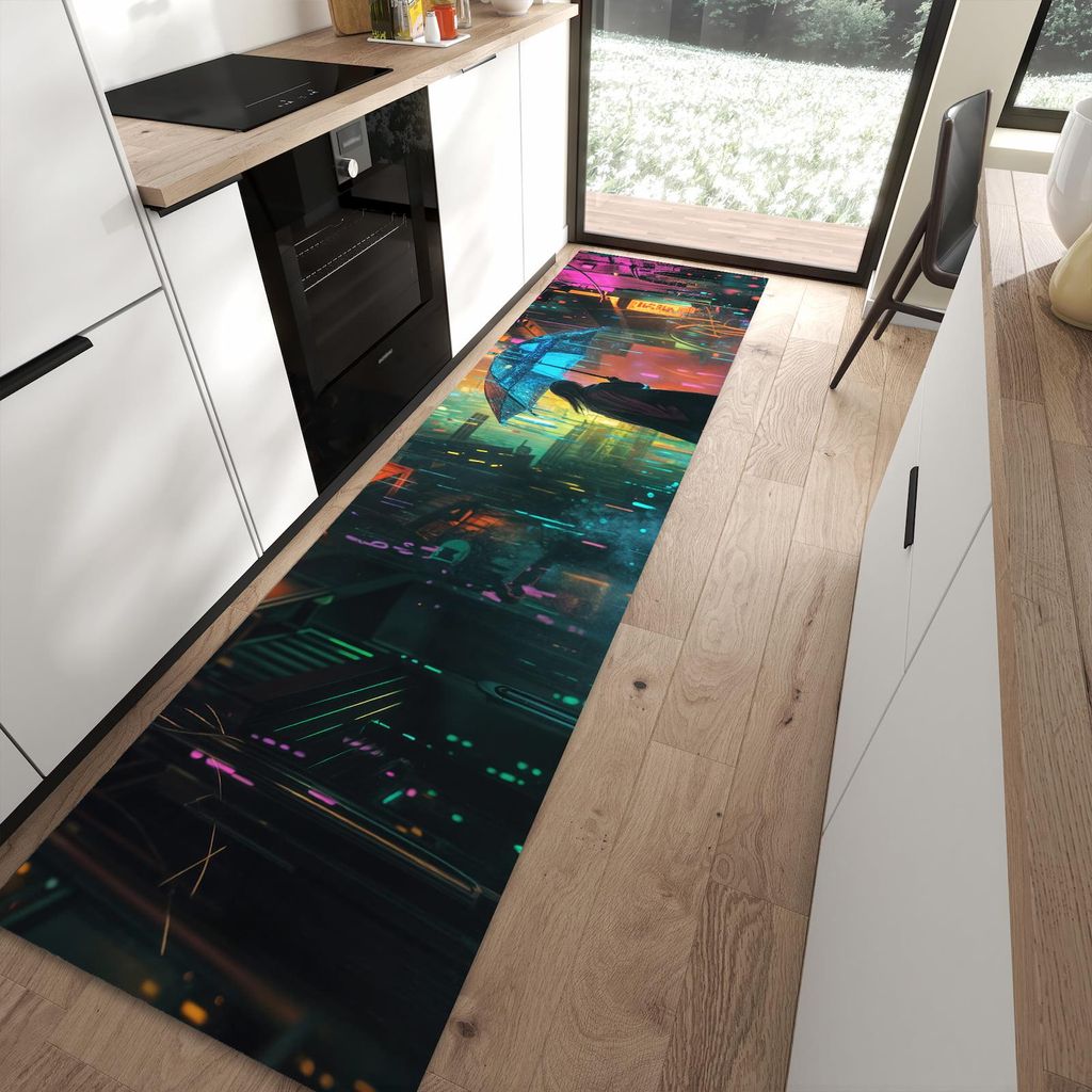 Küchenteppich 80x300cm rutschfest & abwischbar PVC Läufer - Regen Stadt Lichter