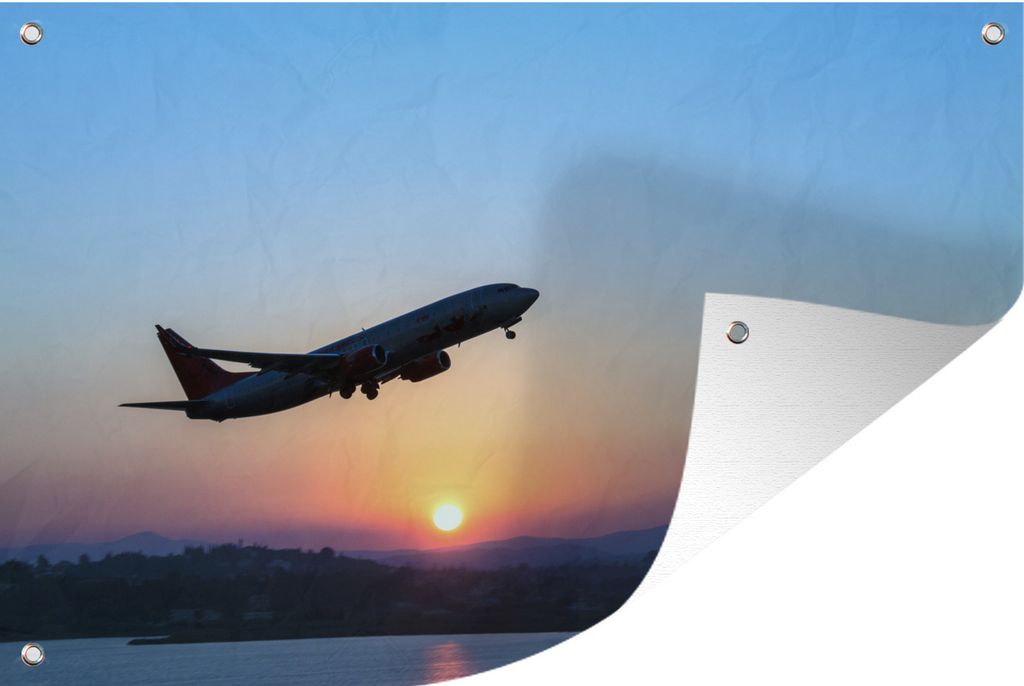 MuchoWow 120x80 cm Outdoor-Poster Gartendeko Sichtschutz Garten Poster für den Garten Silhouette eines abhebenden Flugzeugs