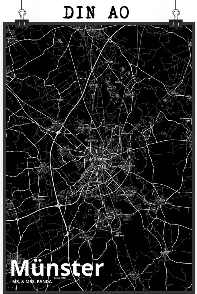 Mr. & Mrs. Panda Bild Münster DIN A0 - Geschenk, Plakat, Stadt, drucke, Dorf Karte Landkarte Map Stadtplan, wanddruck, wanddeko, Wandbild
