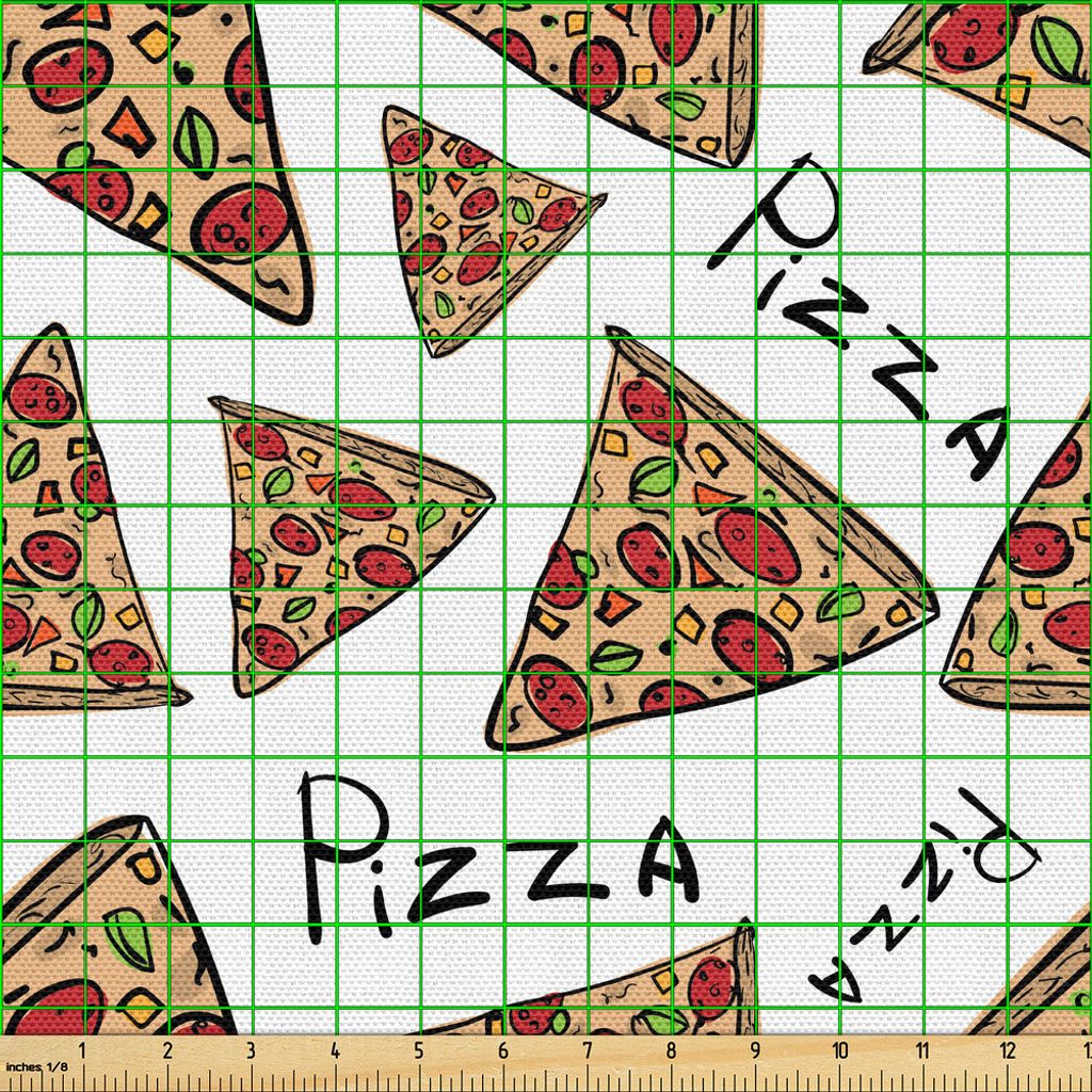 ABAKUHAUS Pizza Gewebe als Meterware, Muster in der Hand gezeichnet Doodle Style Pizzeria Menü Fast Food Delicious Gourmet Essen, 10 M (148 x 1000...