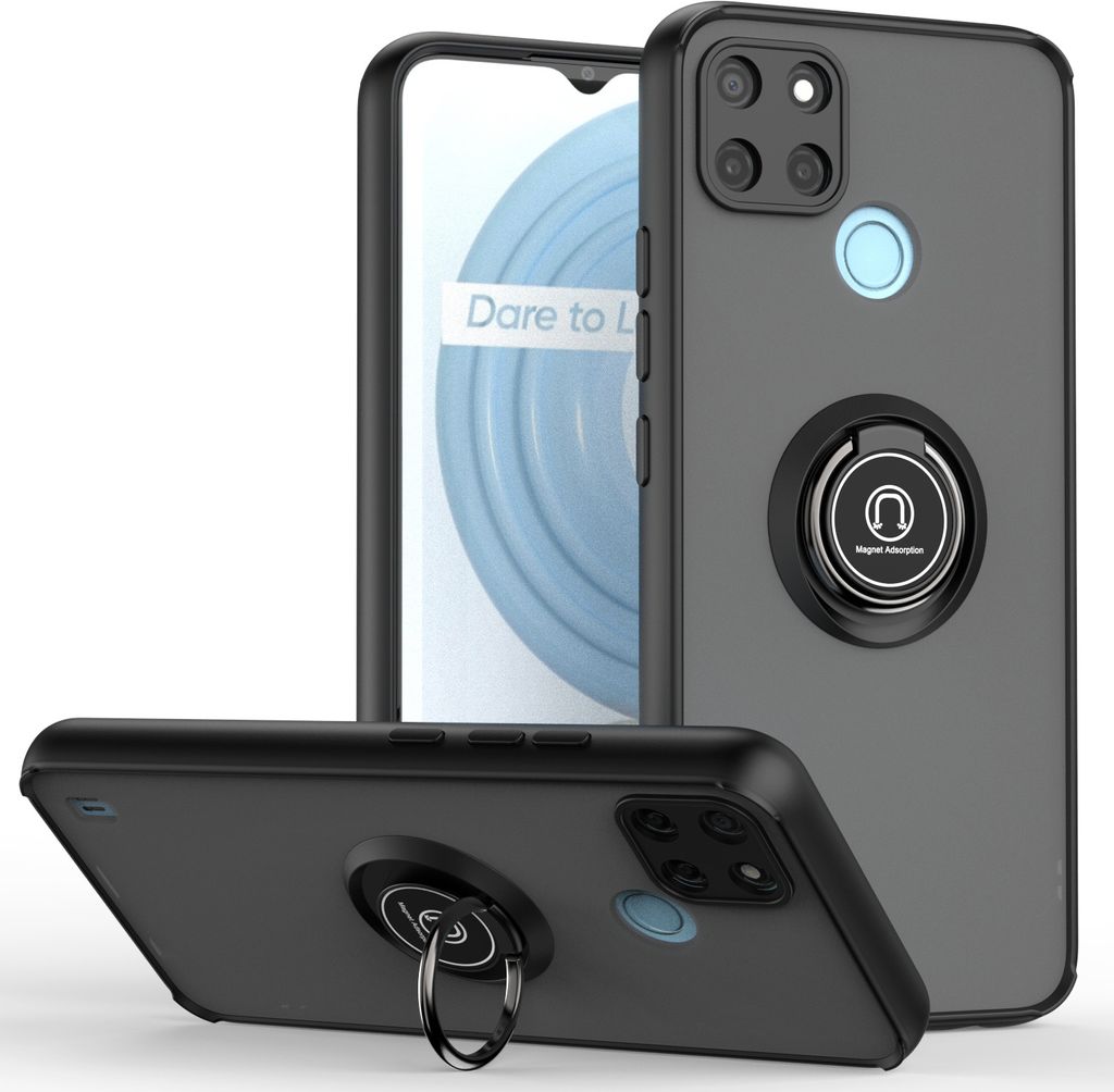 OPPO Realme C21Y Hülle, Ring Halter Ständer Matte Transluzent TPU Rahmen Stoßfest Schutzhülle für OPPO Realme C21Y Schwarz