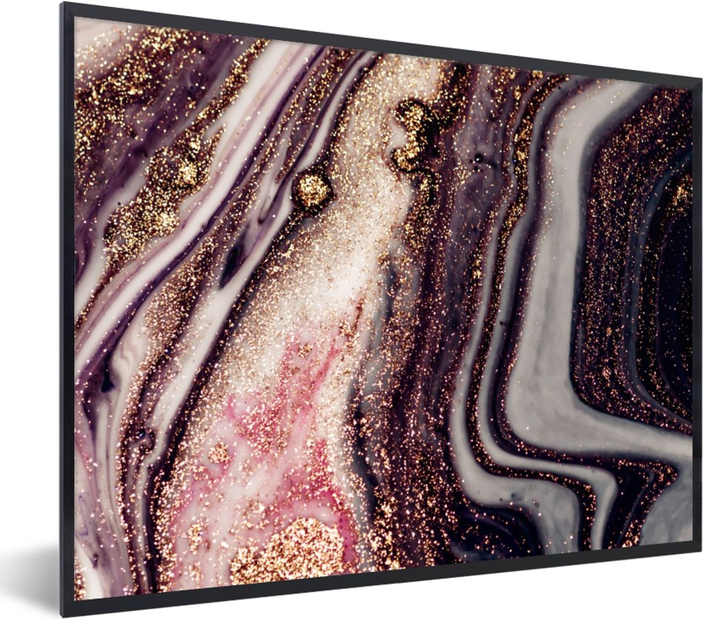 MuchoWow Gerahmtes Poster Marmor - Rosa - Gold - Glitzer - Marmoroptik 80x60 cm - Poster mit Schwarzem Bilderrahmen Wandposter Rahmen Foto Bilder...