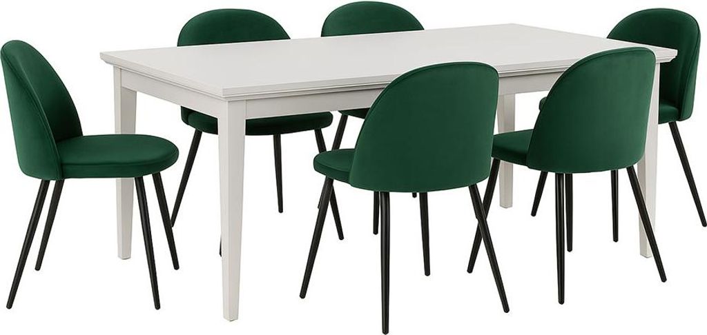 Venedig Essgruppe Tisch weiß 95x180/276 mit 2 Stk. Zusatzplatten 6 Stühlen Velour grün.