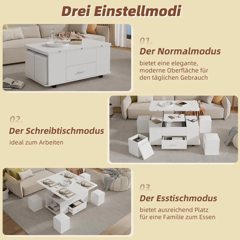 Sweiko Table Basse Réglable en Hauteur et Mobile avec 4 Tabourets Blanc - 14